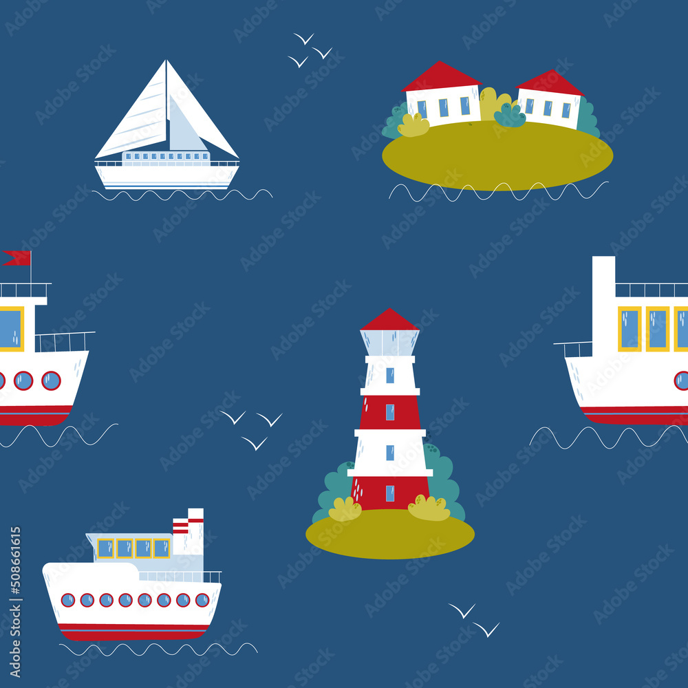 Bright summer pattern with water transport, lighthouse and island. Flat vector illustration.