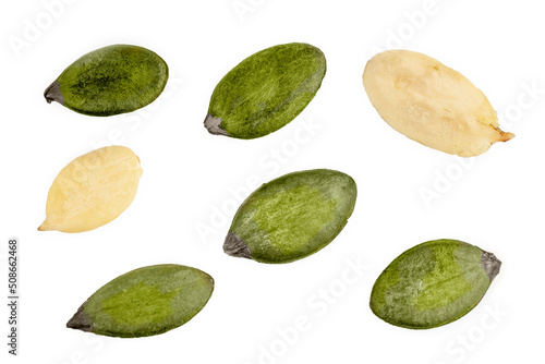 Pumpkin seeds isolated on a white background, top view.