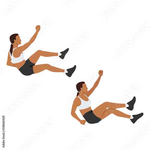 Woman doing Rope climb crunches exercise. Flat vector illustration isolated on white background