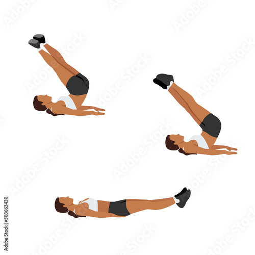 Woman doing Reverse crunch and twist exercise. Flat vector illustration isolated on white background