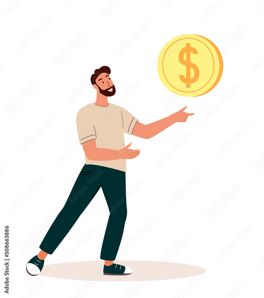 Male Character Shows Gold Dollar Coin. Online Payment, Electronic Virtual Transaction Concept. Transfer Money via Digital Wallet. Cashless Paying Platform. Cartoon People Vector Illustration Male Character Shows Gold Dollar Coin. Online Payment, Electronic Virtual Transaction Concept. Transfer Money via Digital Wallet. Cashless Paying Platform. Cartoon People Vector Illustration