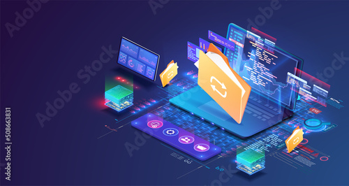 Concept of sorting and organizing information and documents on a laptop. Classification of files, folders, reports, graphs. Software development for different devices. Vector isometric illustration