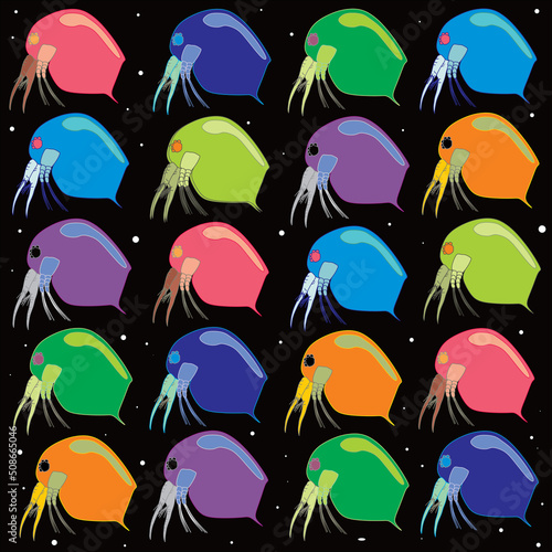The seamless vector of a water flea (cladoceran) is a small group of zooplankton with cartoon drawings on, black background with small air bubles.