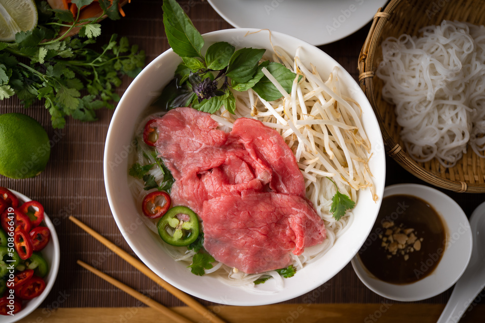 authentic vietnamese pho rice noodle with raw beef authentic vietnamese pho rice noodle with raw beef