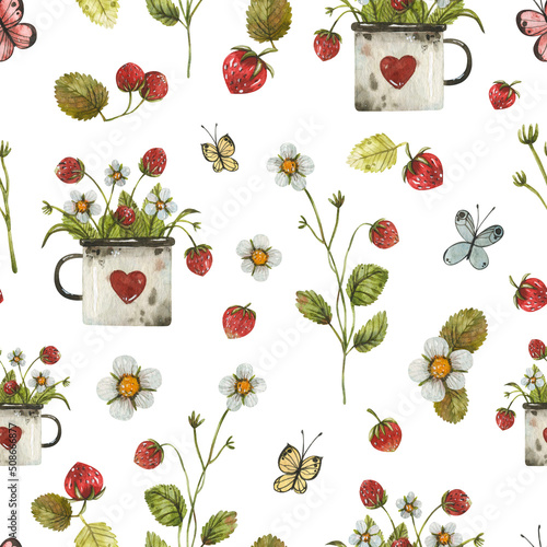 Watercolor seamless background with wild strawberries and hand-drawn vintage huts.Teacup with strawberries, berries, sprout, herbs and forest flowers