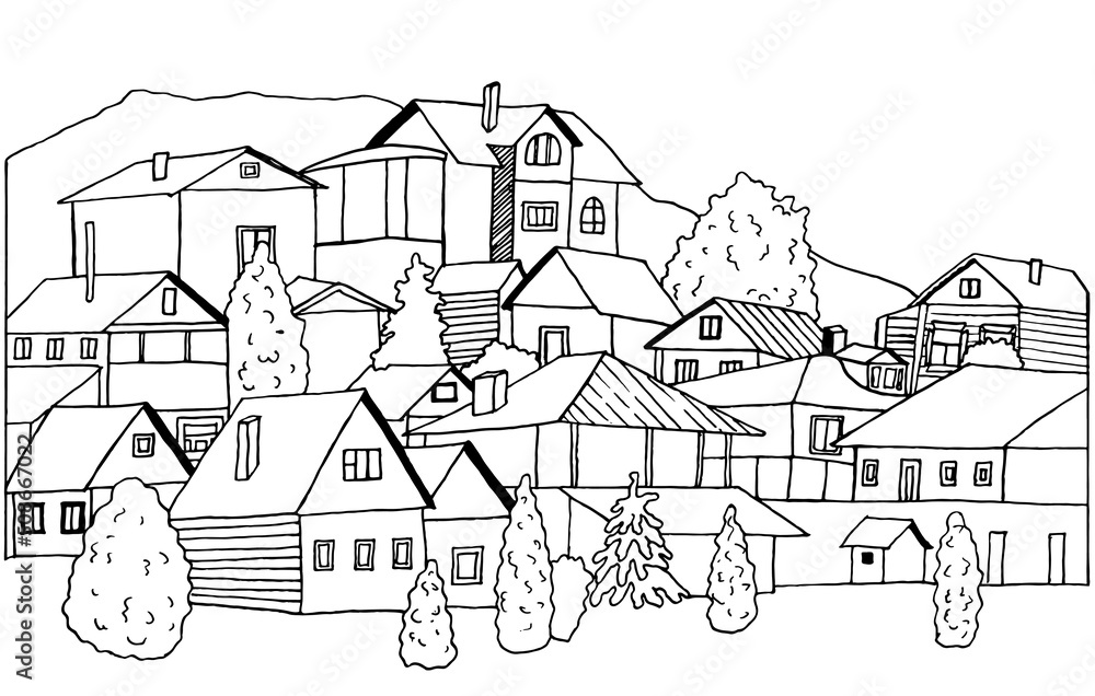 Vector illustration of a city, countryside on a mountainside in the style of doodles.