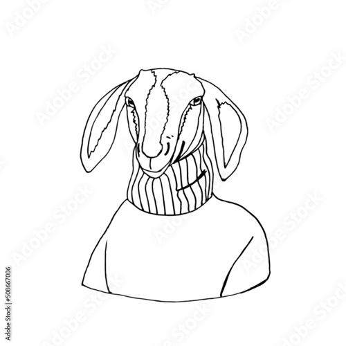 Vector goat in a knitted sweater. A hand-drawn illustration of a dressed goat in the style of a doodle.