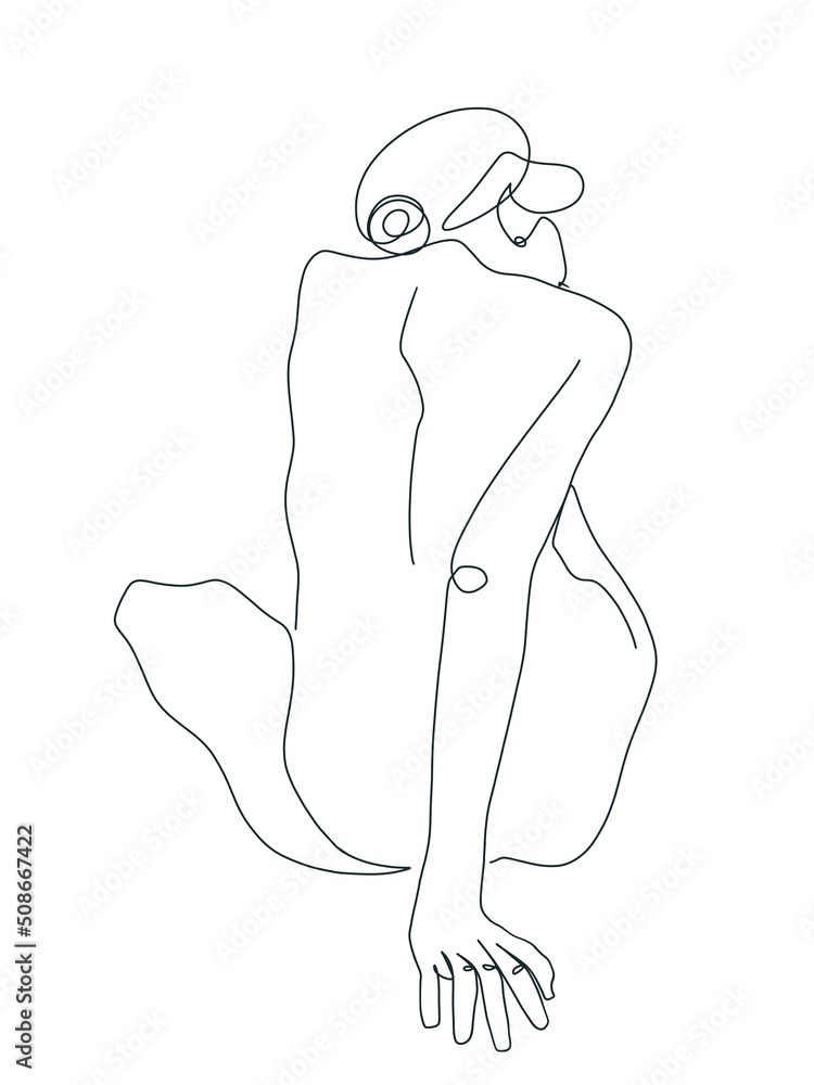 Fototapeta premium Back view of seated nude woman is drawn in line art style. Printable art.