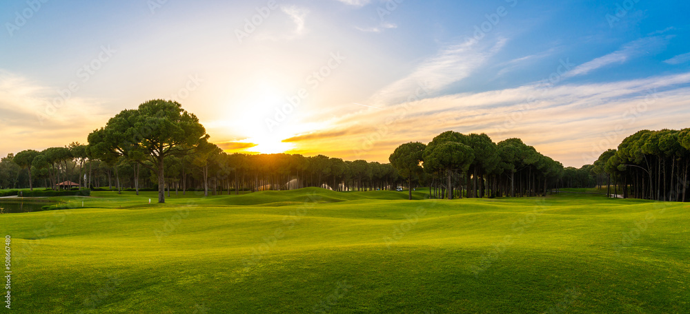 Fototapeta premium Golf course at sunset with beautiful blue sky. Scenic panoramic view of perfect golf fairway. Golf field with high pines