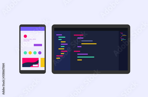 Mobile Developer Software Program Engineer Vector Illustration with Phone and Computer Monitor Debugging Code