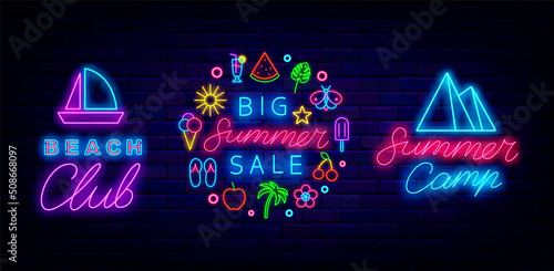 Summer sale neon signboards collection. Beach club and summer camp labels. Glowing effect banner. Vector illustration
