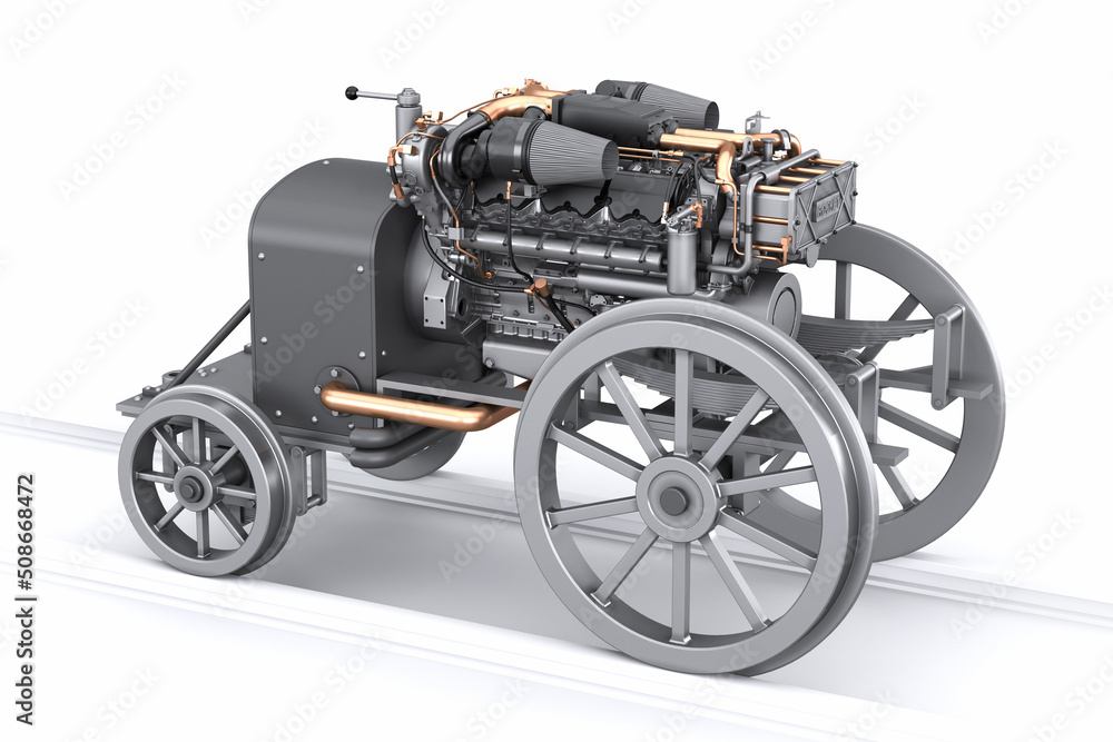 Fototapeta premium An unusual steampunk vehicle with a diesel engine on rails. Amazing locomotive prototype on a white background. The concept of a strange mechanized unit with a large motor. 3d render
