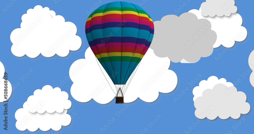 Obraz premium Image of flying balloon with basket over clouds on blue background