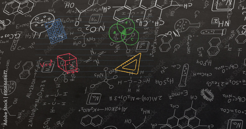 Image of molecules and chemistry icons with school items icons on black background