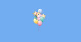Image of unicorn and colourful balloons floating on blue background
