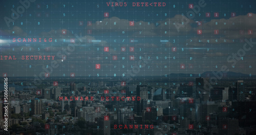 Image of cyber crime text over cityscape