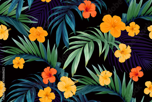 Seamless hand drawn tropical vector pattern with bright hibiscus flowers and exotic palm leaves on dark background.