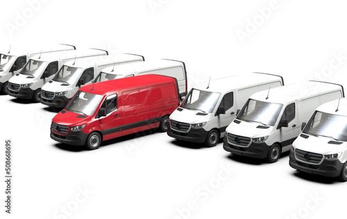 Red commercial van and fleet of white trucks