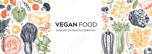 Vegan food sketched banner. Healthy food banner template. Middle eastern cuisine frame. Hand drawn vegan meals and ingredients for menu, recipe, packaging design. Vegan food sketches in color