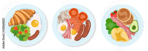 Set of 3 vector illustrations of bright tasty nutritious breakfasts. Plate top view. Delicious, healthy food on porcelain dish isolated on white background.