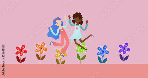 Image of women and flowers on red background