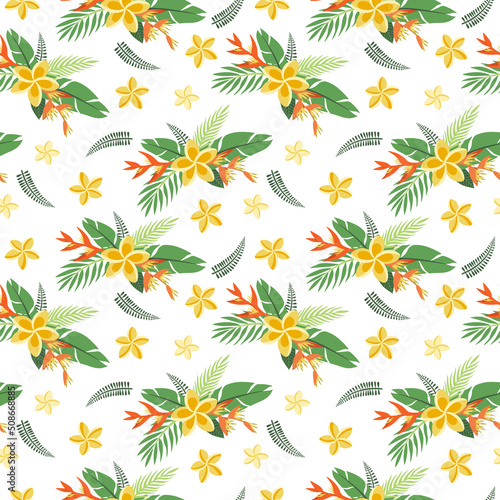 Tropical seamless pattern with exotic flowers and leaves bouquets. Botanical floral design for paper  cover  fabric  interior decor and prints.