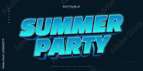Summer Party Text in Bold Blue Style with 3D and Neon Effect. Editable Text Style Effect