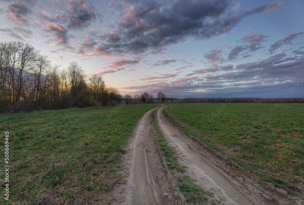 road in the field at sunset