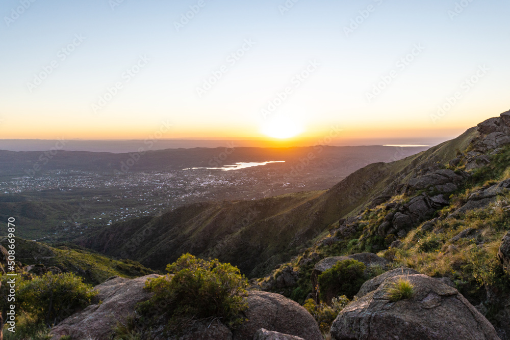 Scenic View of a Town from Mountain at Sunset Time in the Sierras de Cordoba,Argentina