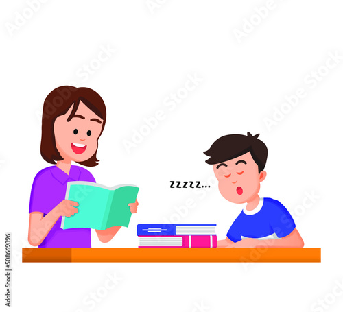 a mother is teaching her son but he falls asleep