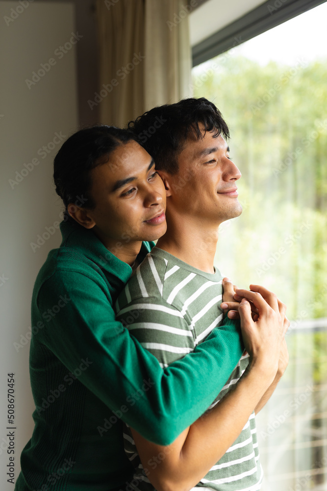 Diverse gay male couple hugging each other standing near the window at home Diverse gay male couple hugging each other standing near the window at home