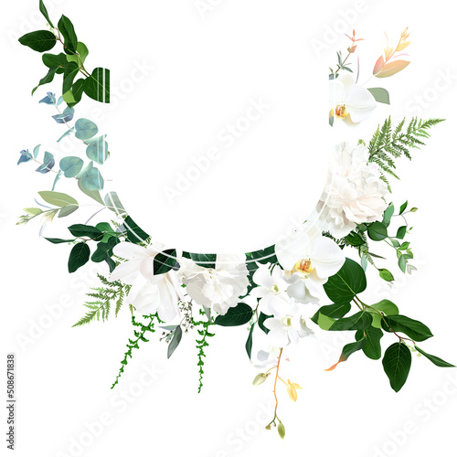 Classic white peony, hydrangea, magnolia and orchid flowers, eucalyptus, fern, salal, greenery vector