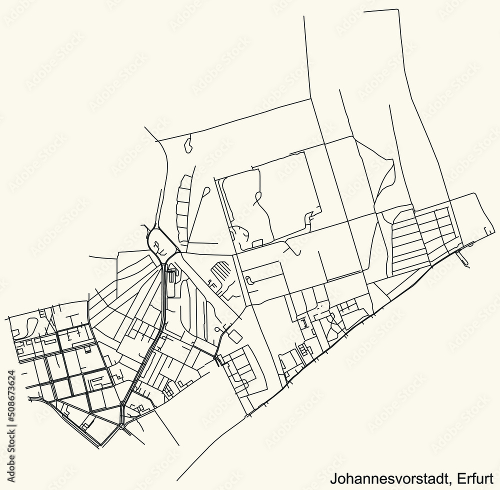 Detailed negative navigation white lines urban street roads map of the JOHANNESVORSTADT DISTRICT of the German regional capital city of Erfurt, Germany on dark gray background