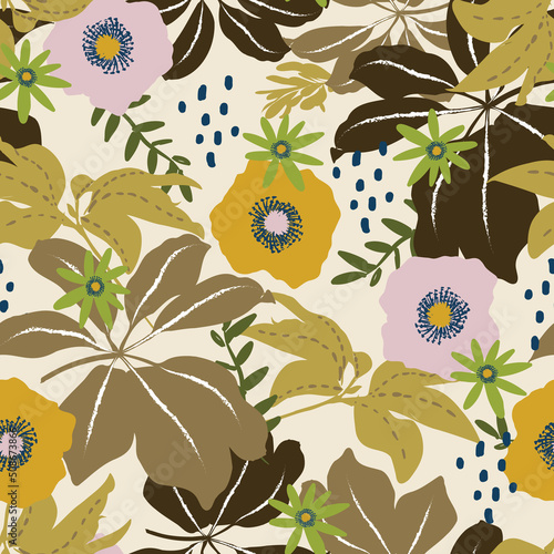 Colorful and bright summer Silhouette Abstract seamless pattern with leaves and flowers Background with florals vector