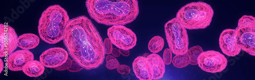Pox, monkey pox virus flow with DNA inside. 3d visualization, glowing, neon light on dark background