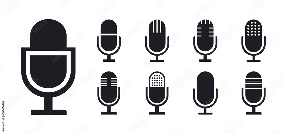 Microphone icon set. Voice, podcast and recording icon. Black music symbol for web design and mobile app. Vector illustration. Microphone icon set. Voice, podcast and recording icon. Black music symbol for web design and mobile app. Vector illustration.