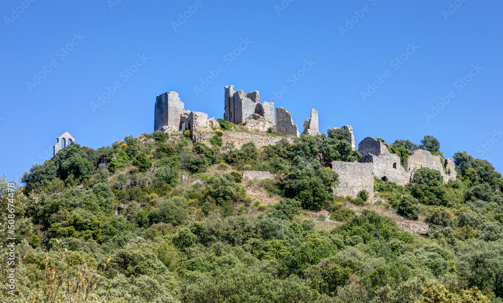 Vue sur les ruines du château d'Aumelas dans l'hérault en région Occitanie