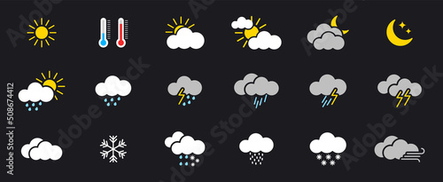 Weather icon set. Meteorology icons in flat style. Weather icon such as sun, clouds, moon, storm, rain, lightning and wind. Vector illustration.