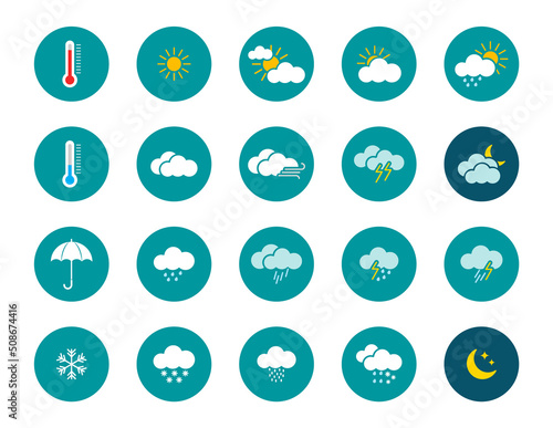 Weather icon set. Meteorology icons in flat style. Weather icon such as sun, clouds, moon, storm, rain, lightning and wind. Vector illustration.