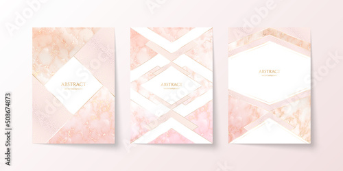 Luxury elegant background set. Pink marble texture with gold veins, glittering dots and copy space with shiny borders. Modern premium templates in pastel colors for invitation, card or notebook cover