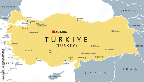 Türkiye, Turkey political map with capital Ankara. Republic of Türkiye. The UN agreed to the request, that they use the name Türkiye instead of Turkey, for a better representing of the Turkish nation.