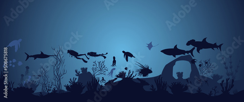 silhouette of coral reef with fish and divers on blue sea background underwater vector illustration