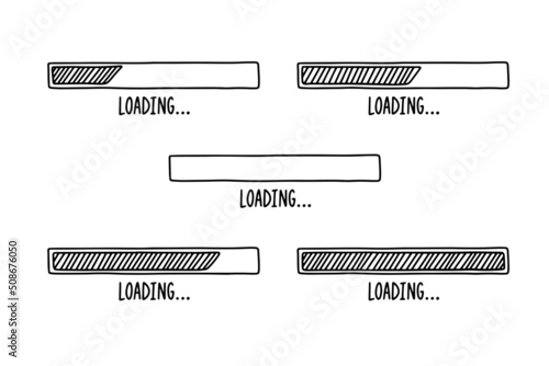 Loading bars drawn hand. Set outline doodle bars with different percent. Cartoon vector loading. 