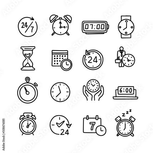 Vector set of time clock icons. Outline doodle drawing style