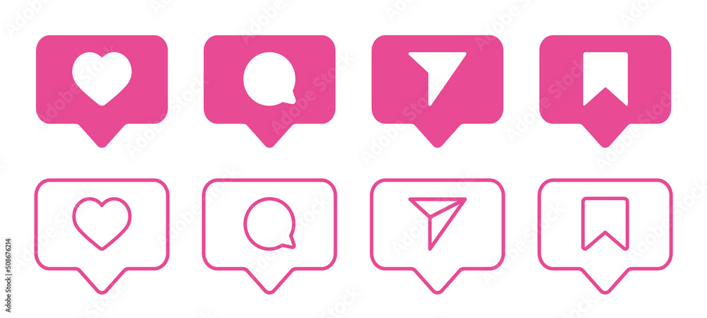 Set of generic social media user interface icons. Like, comment, share and save icons. Social media flat icon. Vector