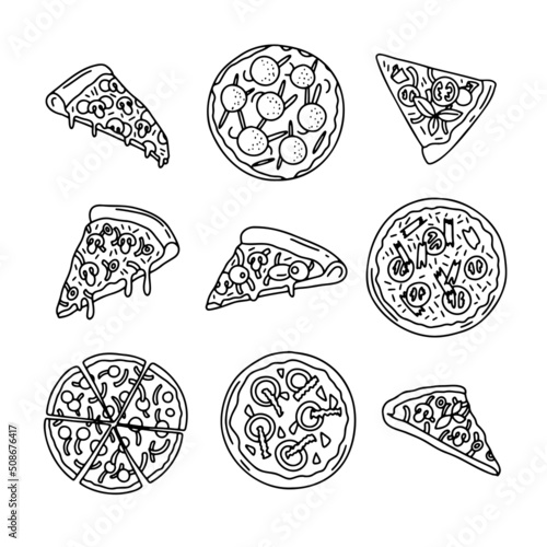 Outline drawing pizza slices, whole pizza. Vector line simple Doodle style