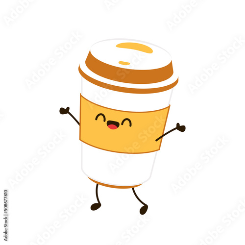 Coffee cup character design. Cartoon coffee cup. Vector flat cartoon illustration.
