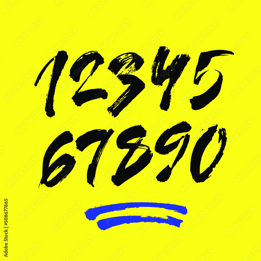 set of calligraphic acrylic or ink numbers. ABC for your design, brush lettering on a yellow background set of calligraphic acrylic or ink numbers. ABC for your design, brush lettering on a yellow background