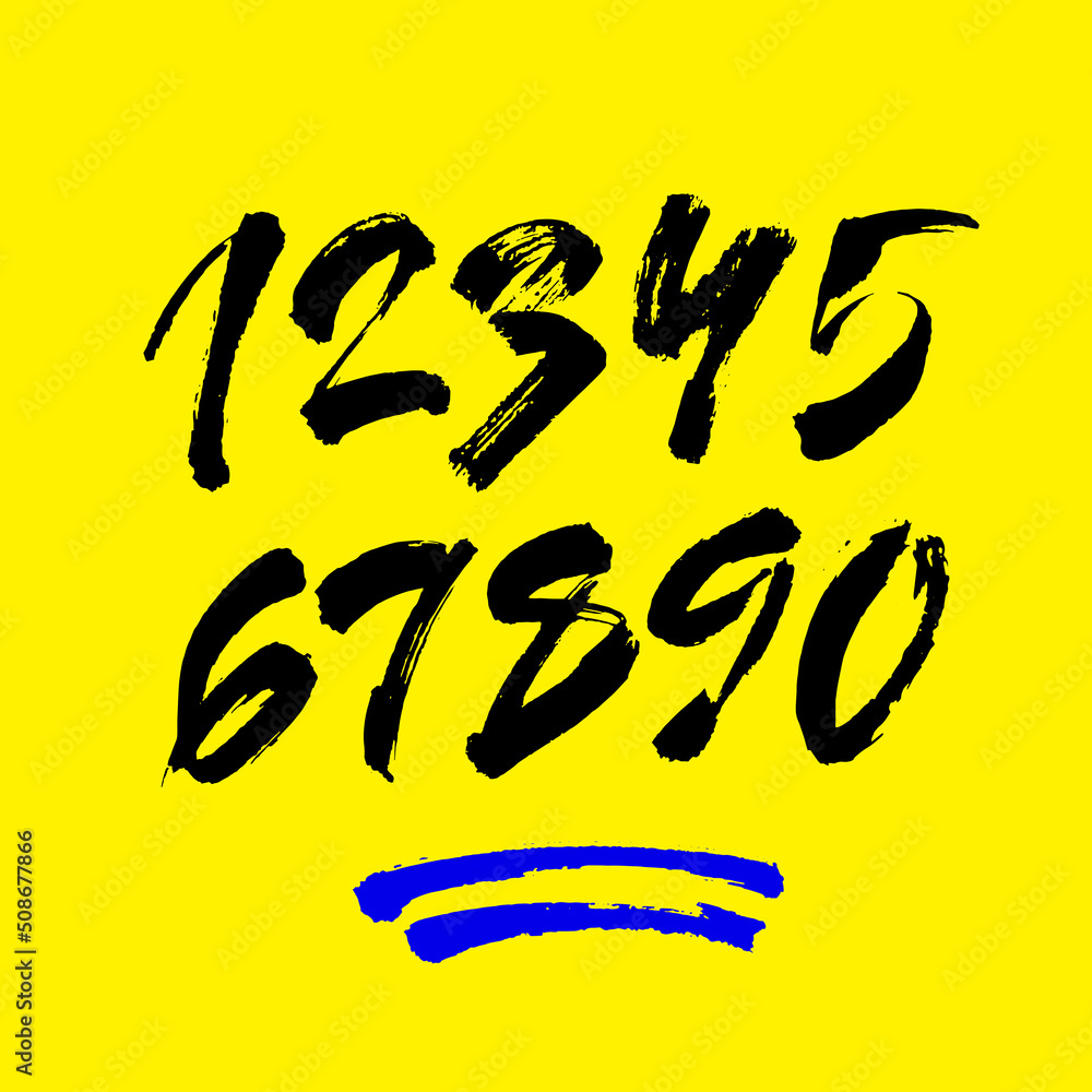 set of calligraphic acrylic or ink numbers. ABC for your design, brush lettering on a yellow background set of calligraphic acrylic or ink numbers. ABC for your design, brush lettering on a yellow background