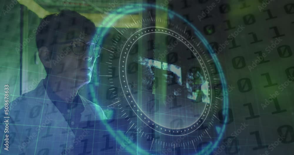 Animation of nft, scope and data processing over asian male it engineer by computer servers